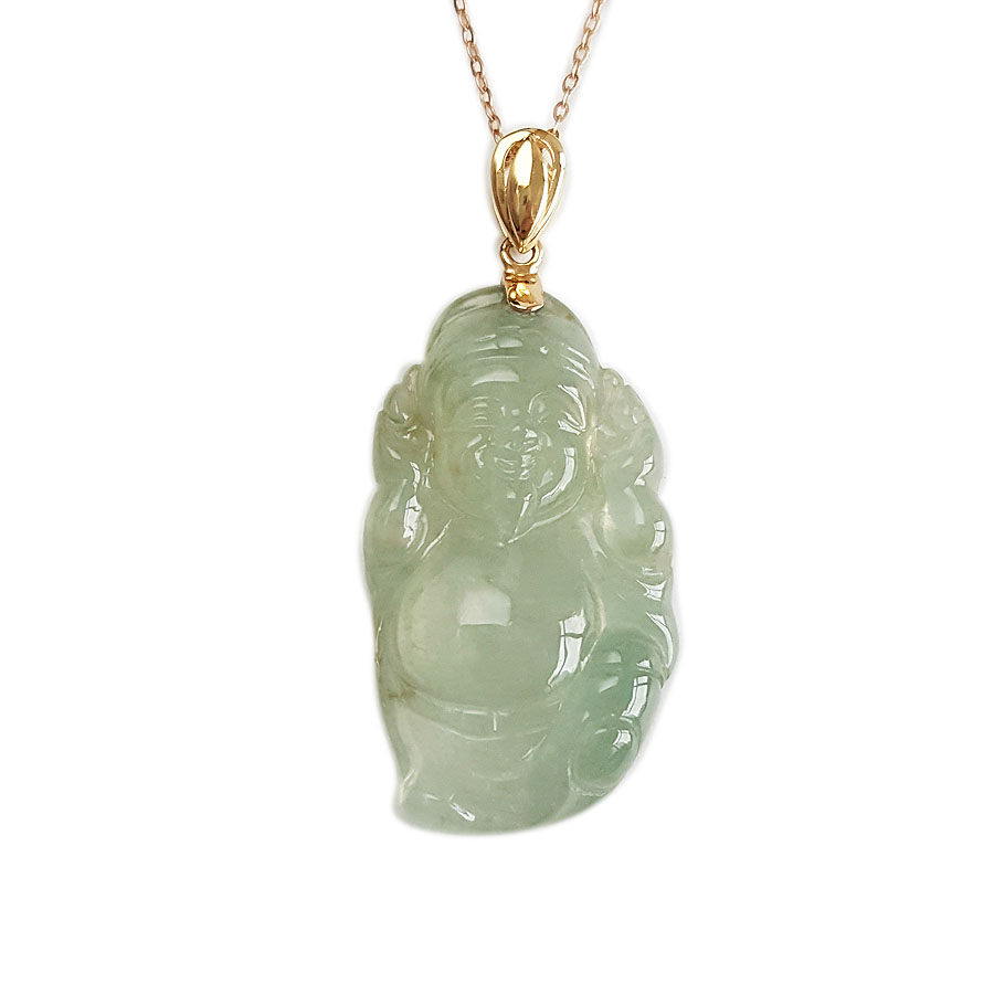 【天然正品】A货翡翠AU750黄金镶天然细腻冰种财神造型（招财纳福）翡翠吊坠项链37.8*17.0*5.2MM（皆取最大值）250326NJS16