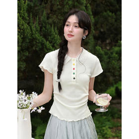 鹿向南「漫夏云茉」杏色POLO领正肩短袖T恤女夏季甜美木耳边上衣