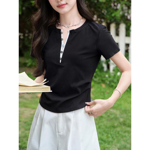 鹿向南「黑调曳风」简约设计感亨利领短袖T恤女夏季显瘦黑色上衣 商品图1