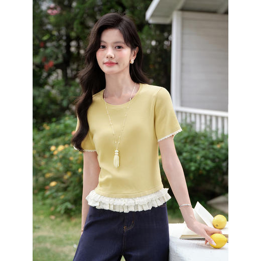 鹿向南「橘黄温软」温柔黄色短袖T恤女夏设计感修身花边针织上衣 商品图3