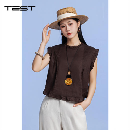 夏上新宽松透气显瘦百搭文艺木耳边棉麻无袖背心1262115 商品图0