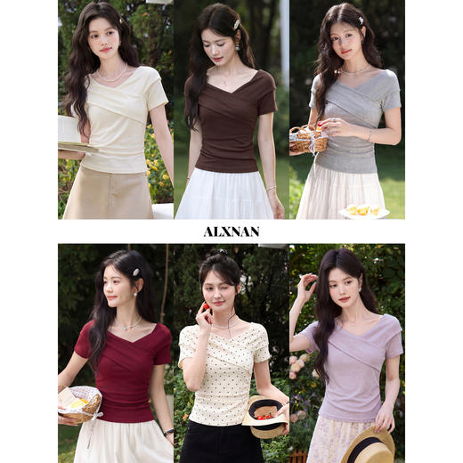 鹿向南「玫瑰诗篇」气质独特枣红色T恤女夏新款流行修身短袖上衣 商品图4