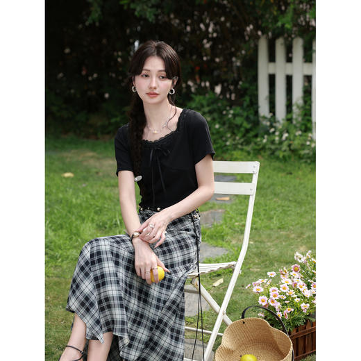 鹿向南「星朵柠野」复古格纹半身裙女夏新款不规则高腰显瘦中长裙 商品图4