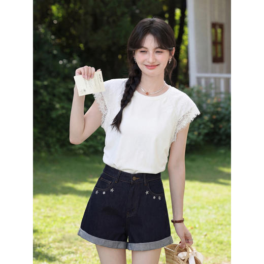 鹿向南「温柔信号」简约白色小飞袖T恤女夏新款显瘦绝美短袖上衣 商品图4