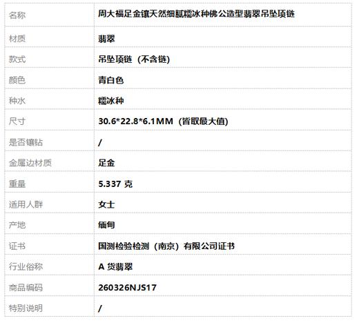 【天然正品】A货翡翠周大福足金镶天然细腻糯冰种佛公造型翡翠吊坠项链30.6*22.8*6.1MM（皆取最大值）260326NJS17 商品图9