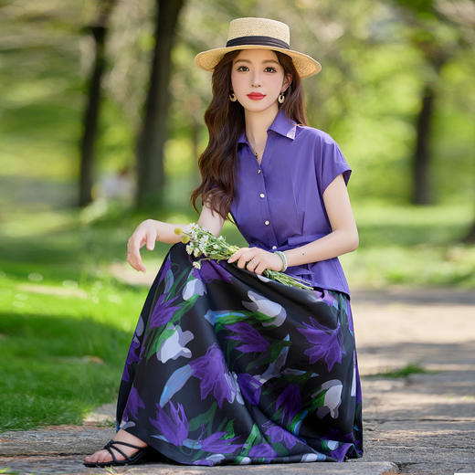 度假风2026款时尚气质优雅系带衬衫印花半身裙两件套SYY2775 商品图2