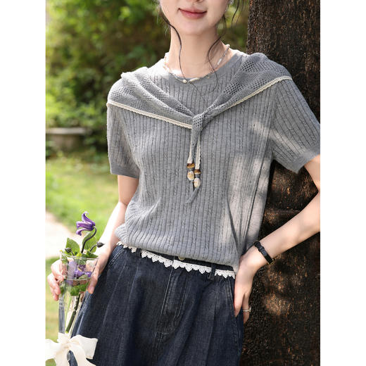 鹿向南「雾灰河畔」灰色短袖针织衫夏新款宽松显瘦温柔休闲上衣女 商品图2