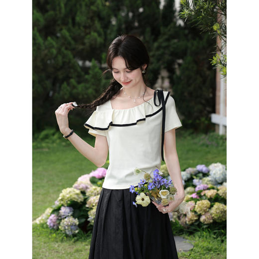 鹿向南「月落星沉」夏季新款法式荷叶边短袖T恤女士显瘦杏色上衣 商品图2