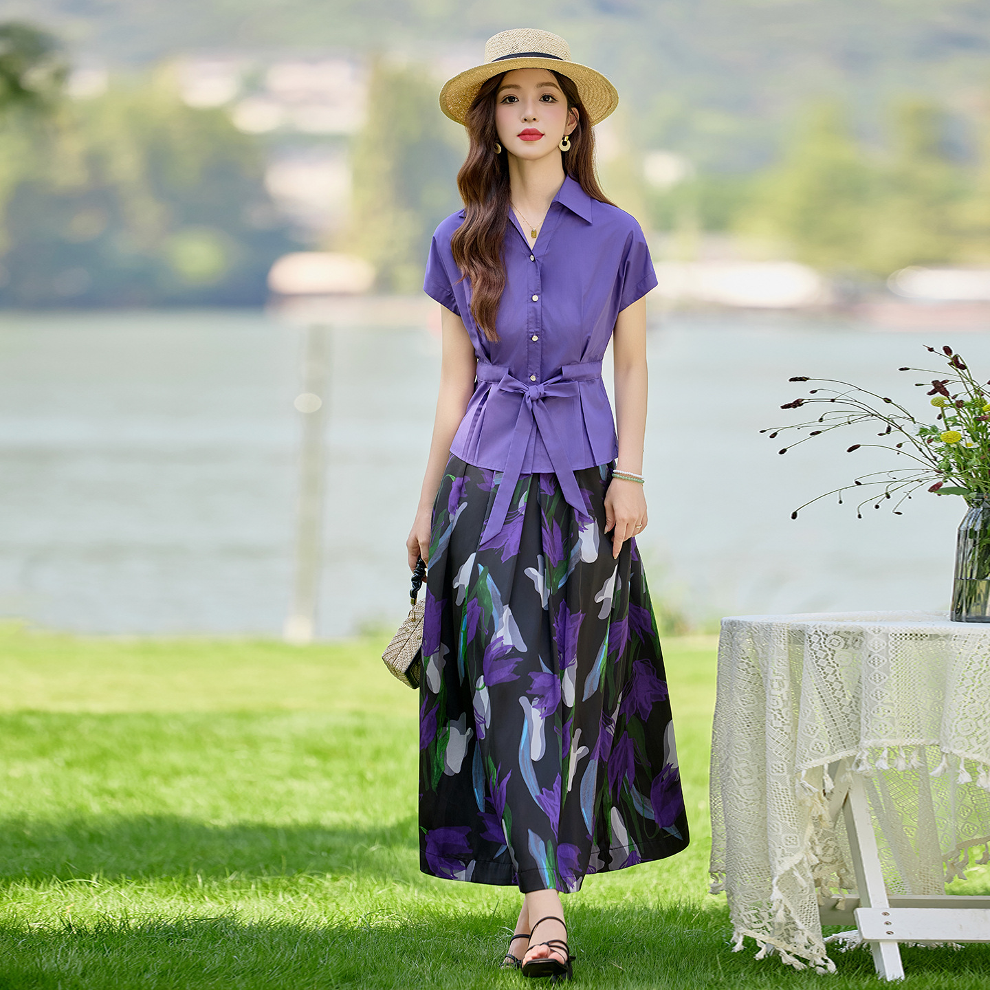 度假风2026款时尚气质优雅系带衬衫印花半身裙两件套SYY2775