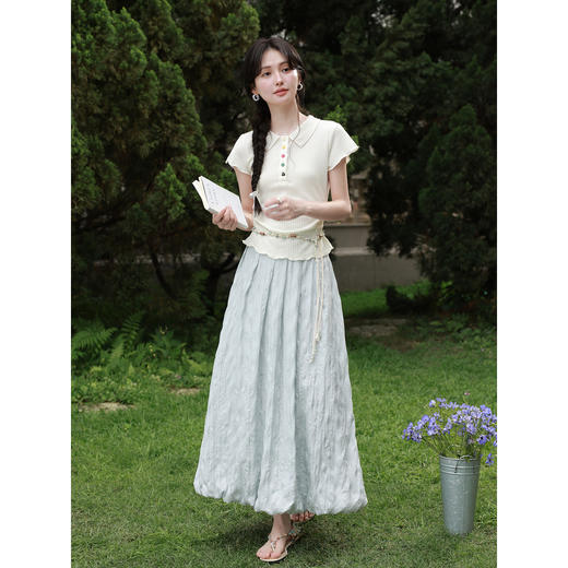 鹿向南「漫夏云茉」杏色POLO领正肩短袖T恤女夏季甜美木耳边上衣 商品图1