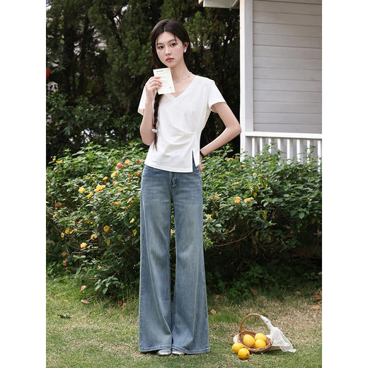 鹿向南「云白轻叙」白色V领短袖T恤夏新款修身显瘦百搭气质上衣女 商品图2