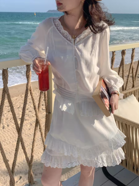 浮生八记/26A004/26A003/铃兰刺绣灯笼袖花边衬衫A字双层套装