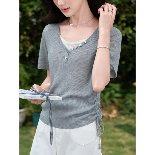 鹿向南「雾入松海」灰色V领短袖针织衫夏新款宽松显瘦气质上衣女 商品图2