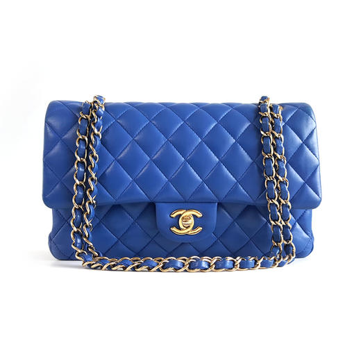 【95新】CHANEL香奈儿CF系列A01112 Y04059 NC023中号蓝色金扣羊皮CF链条包单肩包女士140426NJT22 商品图0