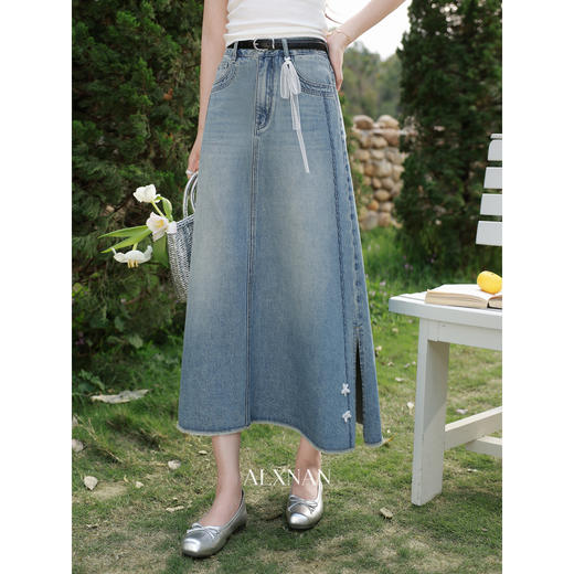 鹿向南「青春诗韵」蓝色牛仔半身长裙女夏季韩系气质开衩A字裙子 商品图1