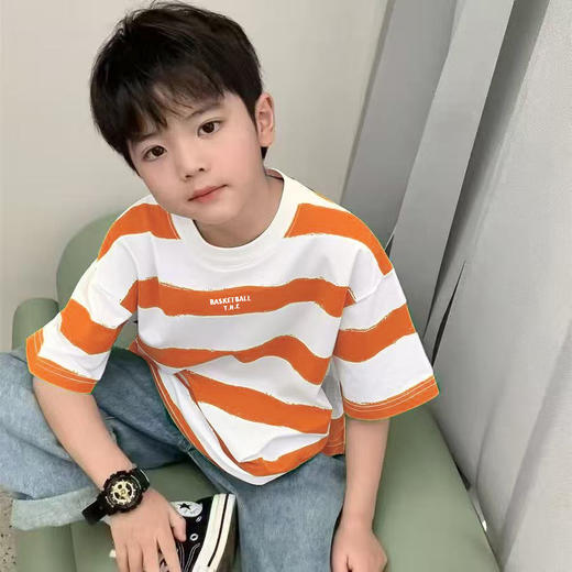 【福利❗️29.9抢🔥儿童条纹短袖】经典绿白撞色条纹，自带清新少年感，宽松版型不挑身材，新疆棉细腻亲肤舒适，透气不闷汗，百搭上衣夏儿童t恤男童夏季短袖纯棉韩版QQ 商品图1