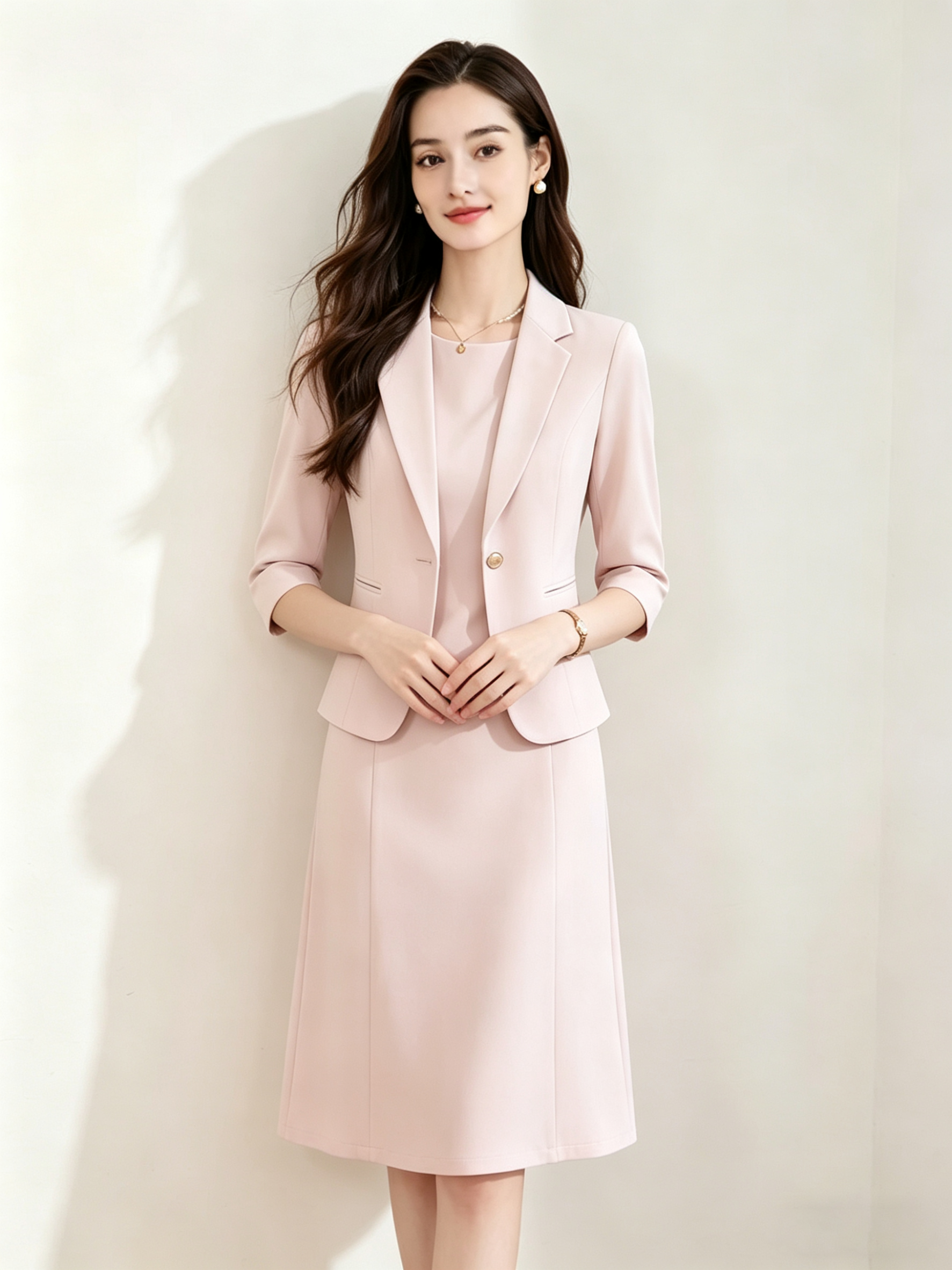 「下单赠送两款胸针」(限时福利)洛诗琳新款通勤七分袖西装外套+无袖直筒连衣裙两件套 99056 (下单7天左右发)