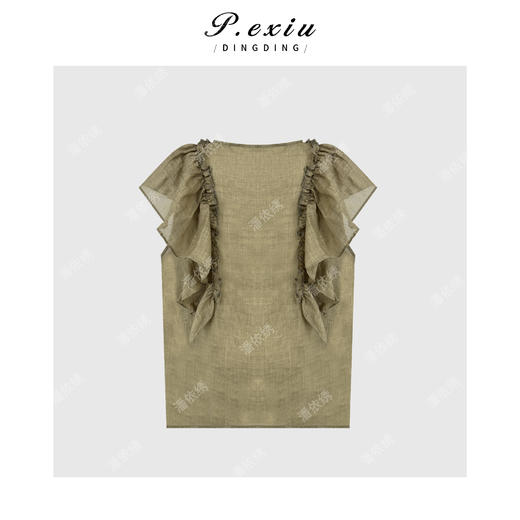 PanYiXiu/潘依绣【木槿初晴】100%苎麻文艺慵懒风荷叶边无袖衬衫 WH00535 商品图3