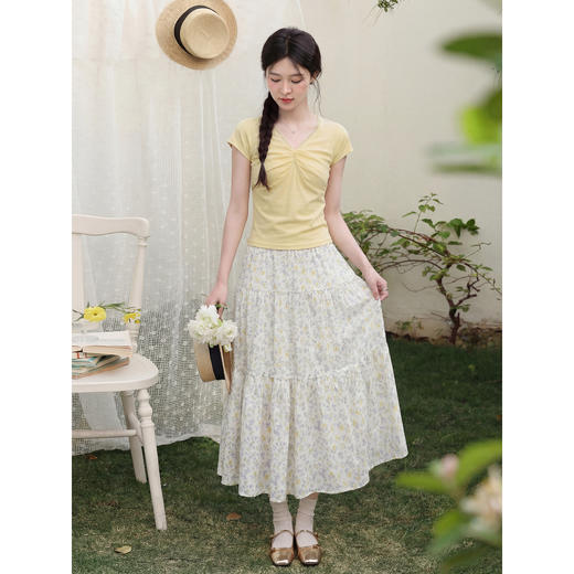 鹿向南「芒芒冰沙」黄色T恤碎花半身裙两件套女夏新款超好看套装 商品图4