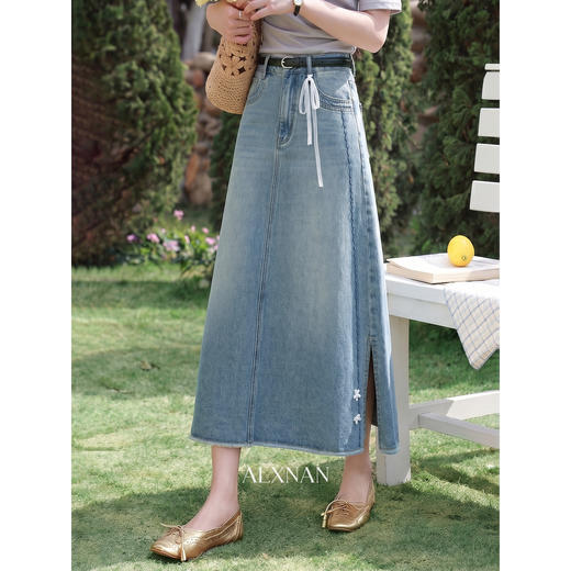 鹿向南「青春诗韵」蓝色牛仔半身长裙女夏季韩系气质开衩A字裙子 商品图0