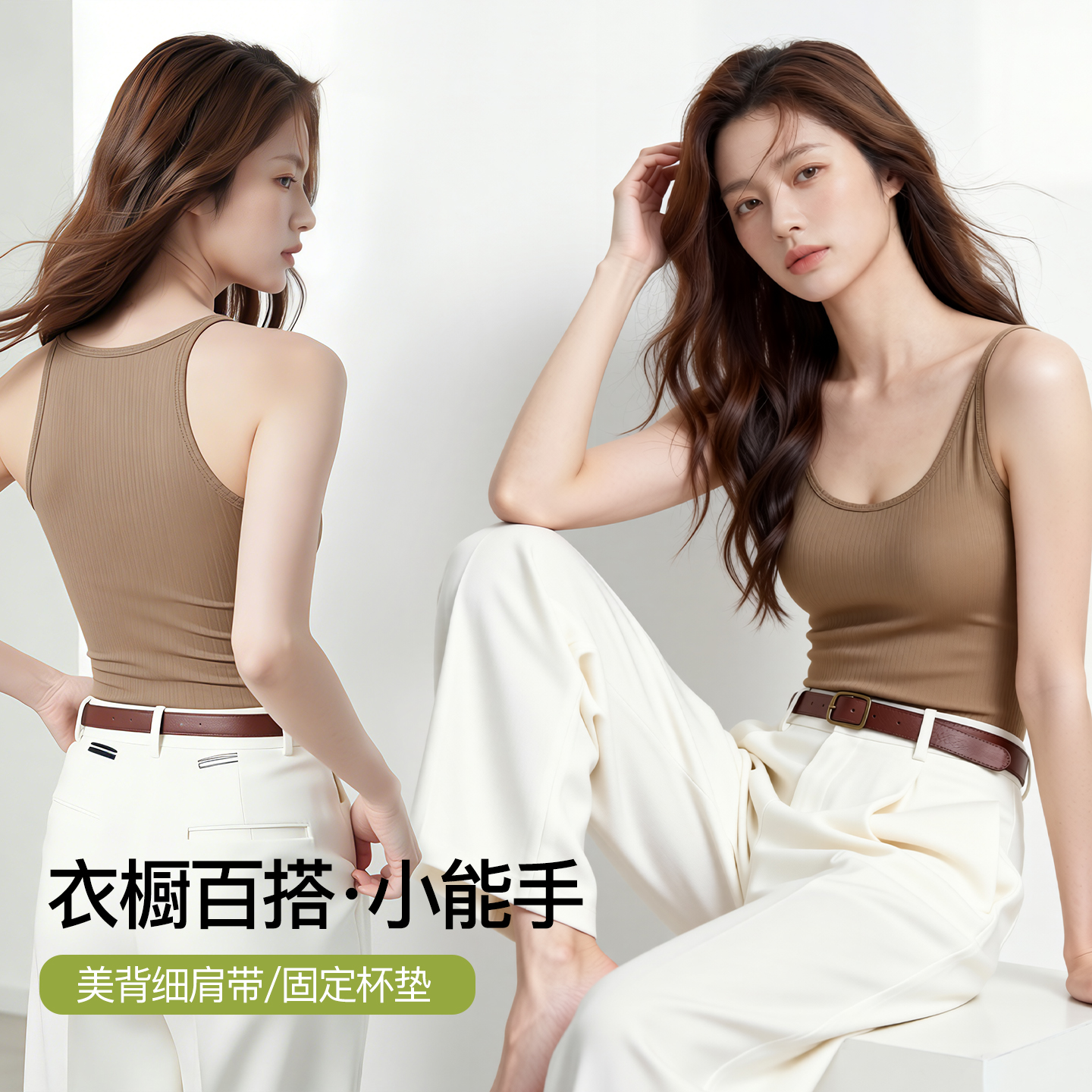 【柠可芯-螺纹肌理带杯美背吊带】自带固定杯垫，螺纹肌理无痕面料 出汗不闷热不黏腻，贴身防走光圆形领口，显露锁骨线条，任何叠搭皆可！