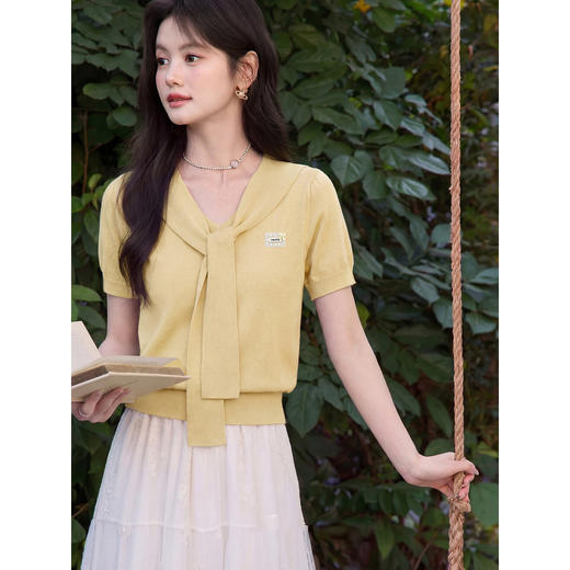 鹿向南「芒芒奶冻」气质黄色针织短袖女夏季新款披肩洋气修身上衣 商品图0