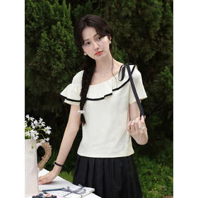 鹿向南「月落星沉」夏季新款法式荷叶边短袖T恤女士显瘦杏色上衣