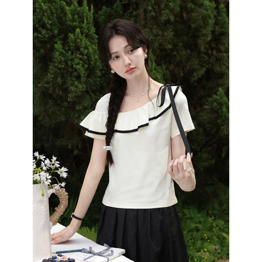 鹿向南「月落星沉」夏季新款法式荷叶边短袖T恤女士显瘦杏色上衣 商品图0