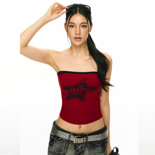 Ariseism 美式复古黑色五角星印花抹胸女夏季新款外穿上衣 商品图3