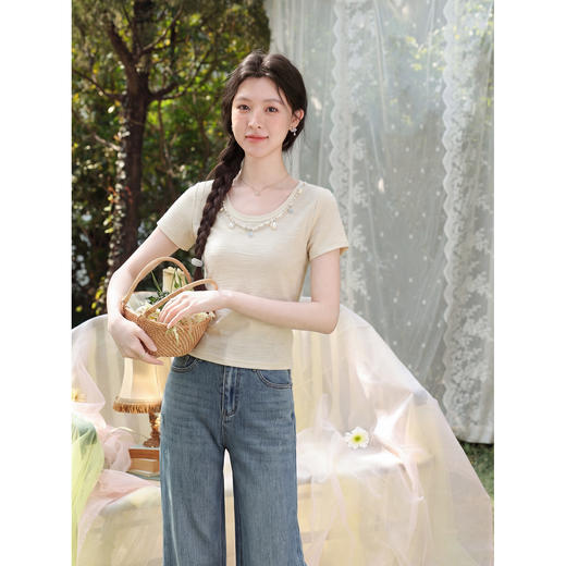 鹿向南「星芒缀衣」杏色圆领短袖T恤夏季新款修身显瘦气质上衣女 商品图4