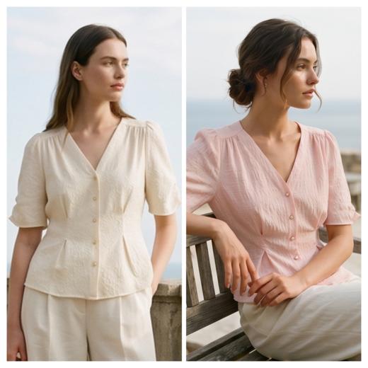 PALUOPO/PL暗纹提花V领灯笼短袖真丝上衣重磅桑蚕丝女式T恤ES23559Z-A 商品图1