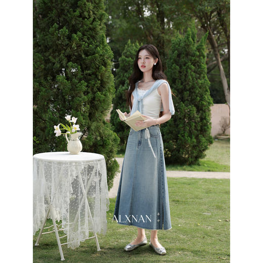 鹿向南「青春诗韵」蓝色牛仔半身长裙女夏季韩系气质开衩A字裙子 商品图3