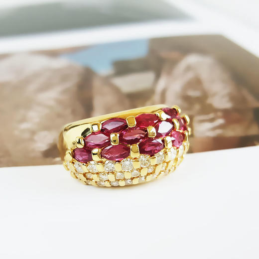 【天然正品】AU750黄金镶钻群镶天然宫廷风设计师款宽版1.21克拉红宝石戒指13.5号（戒圈可改）190326NJM27 商品图2