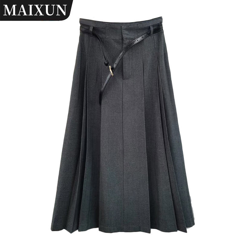 麦寻旋风灰长款半裙QHLBS08A