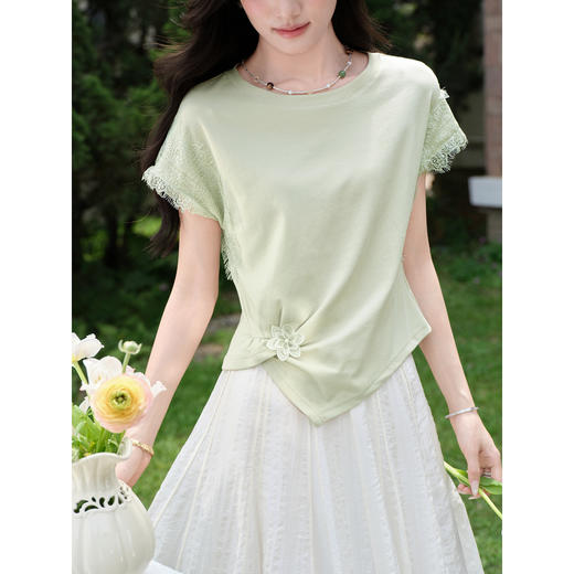 鹿向南【0420/20:00新品前1小时7折限量100件】设计感圆领绿色T恤 商品图2