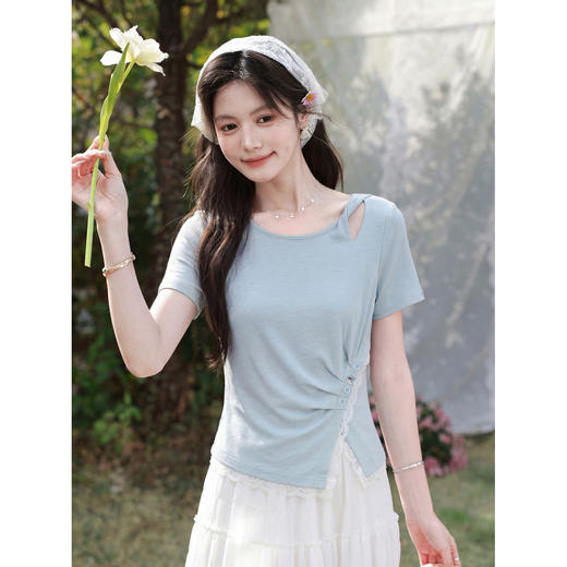 鹿向南「海边情书」设计感蓝色掐腰短袖T恤女夏新款显瘦气质上衣 商品图0