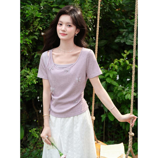 鹿向南【0420/20:00新品前1小时7折限量100件】灰紫色T恤 商品图0