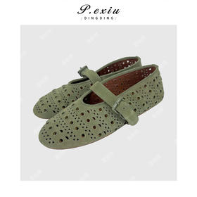 PanYiXiu/潘依绣牛皮绒面铆钉镂空平底一字扣芭蕾舞鞋单鞋 QL102502