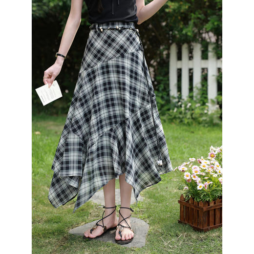 鹿向南「星朵柠野」复古格纹半身裙女夏新款不规则高腰显瘦中长裙 商品图3
