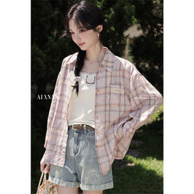 鹿向南「童话镇」粉色格子衬衫女春新款长袖防晒衬衣休闲外套上衣