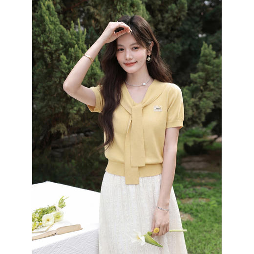 鹿向南「芒芒奶冻」气质黄色针织短袖女夏季新款披肩洋气修身上衣 商品图2
