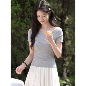 鹿向南「岛屿诗集」气质灰色T恤女夏季新款独特小资修身短袖上衣