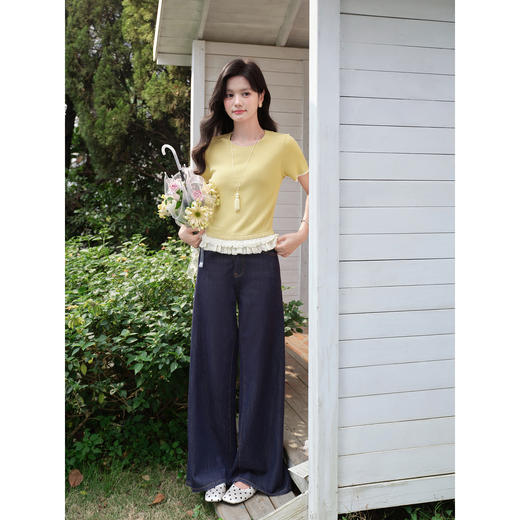 鹿向南「橘黄温软」温柔黄色短袖T恤女夏设计感修身花边针织上衣 商品图2