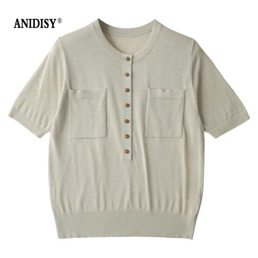 时尚圆领短袖半开胸单排扣修身针织上衣 商品图3