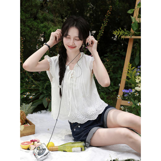 鹿向南「清浅云白」法式白色衬衫女夏季新款气质飞飞袖显瘦上衣 商品图0