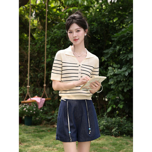 鹿向南「糯杏晚风」杏色短袖针织衫女夏季新款条纹百搭设计感上衣 商品图1