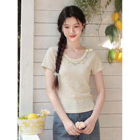 鹿向南「星芒缀衣」杏色圆领短袖T恤夏季新款修身显瘦气质上衣女