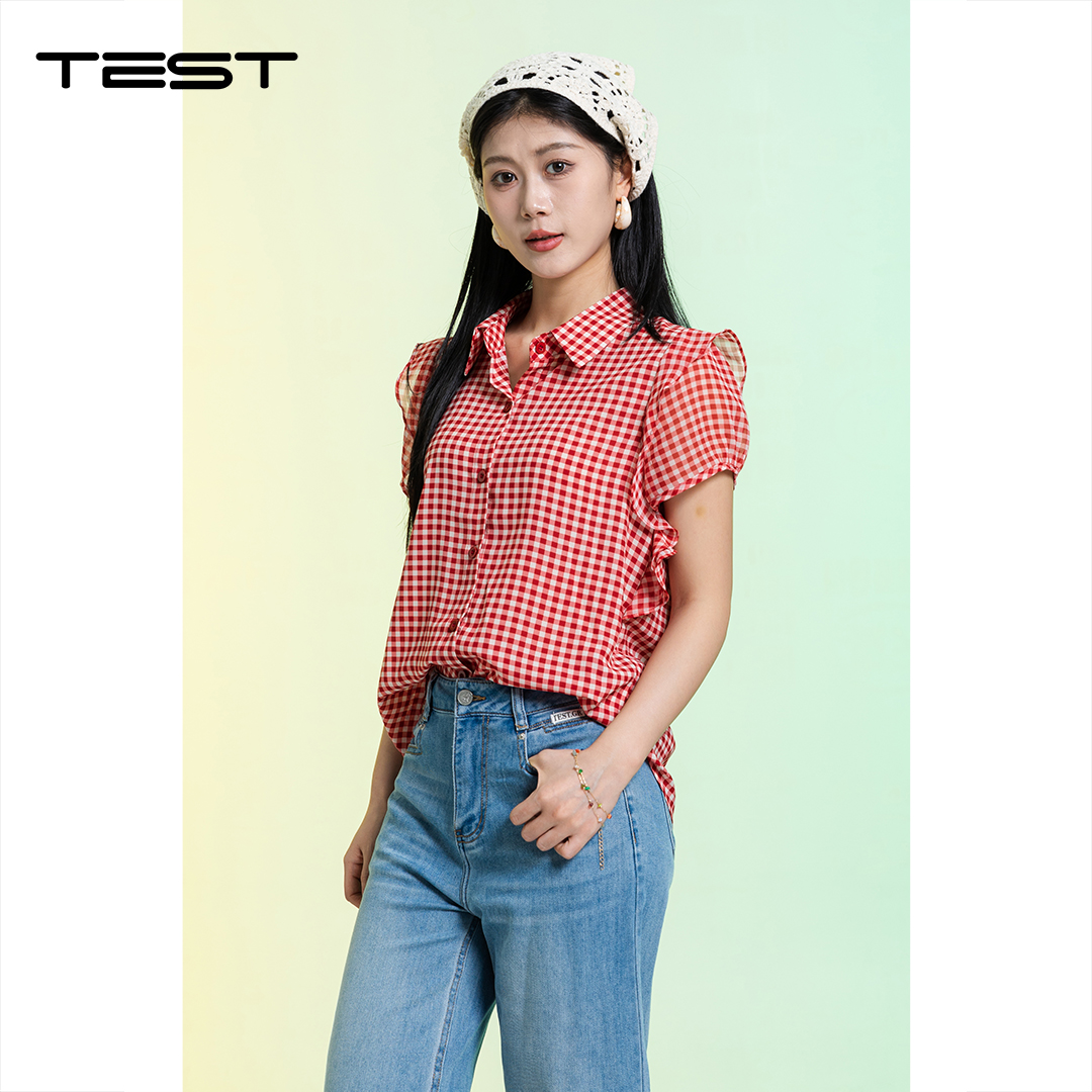 夏上新法式甜美减龄宽松红白格子荷叶边短袖衬衫1262092
