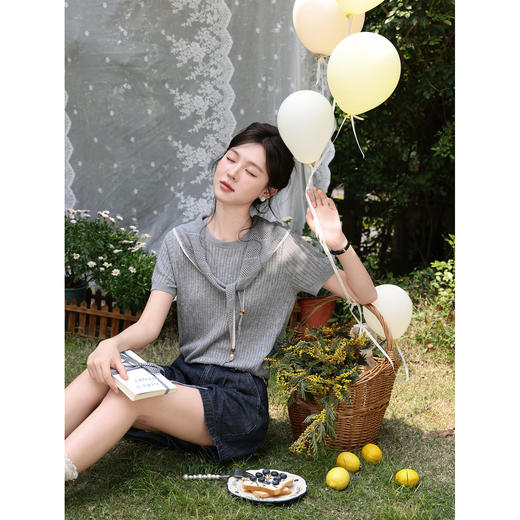 鹿向南「雾灰河畔」灰色短袖针织衫夏新款宽松显瘦温柔休闲上衣女 商品图4