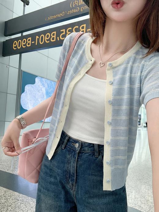 <曾小咸推荐>4.18现货秒杀 ！微信超特价！韩系2色条纹针织短袖开衫 日常129.99 立减70 秒杀59.99！！ 商品图9